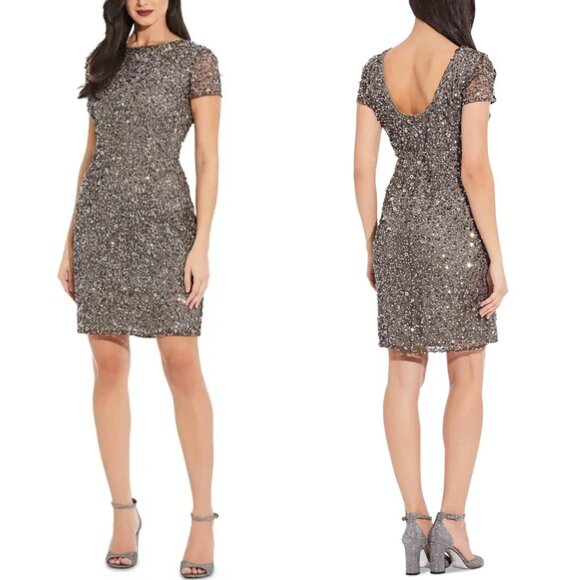 ADRIANNA PAPELL Metallic Sequin Cocktail Sheath Dress 12 Cap Sleeve Scoop Back - Picture 1 of 17